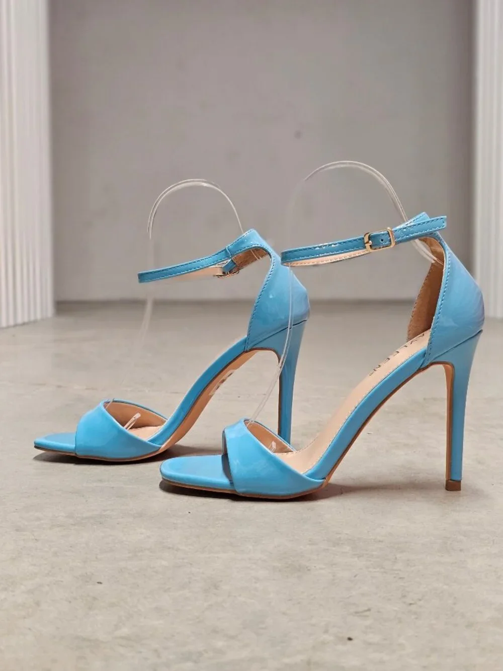 Elegant Blue Patent Leather Stiletto Heels With Ankle Strap & Open Toe For Women